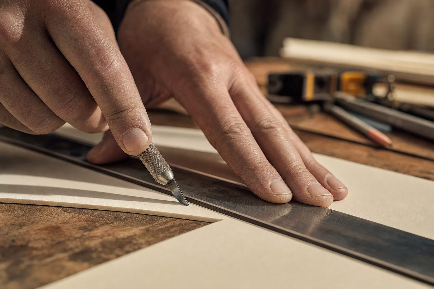 Coupe d'un passe-partout à la main dans l'atelier