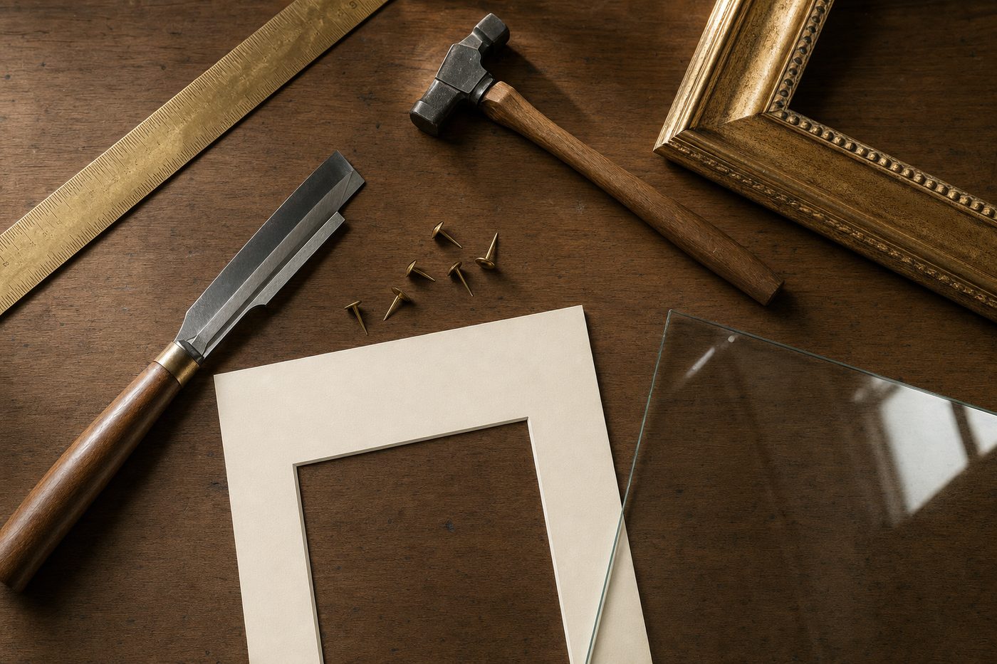 Outils d'encadrement sur l'établi de l'atelier